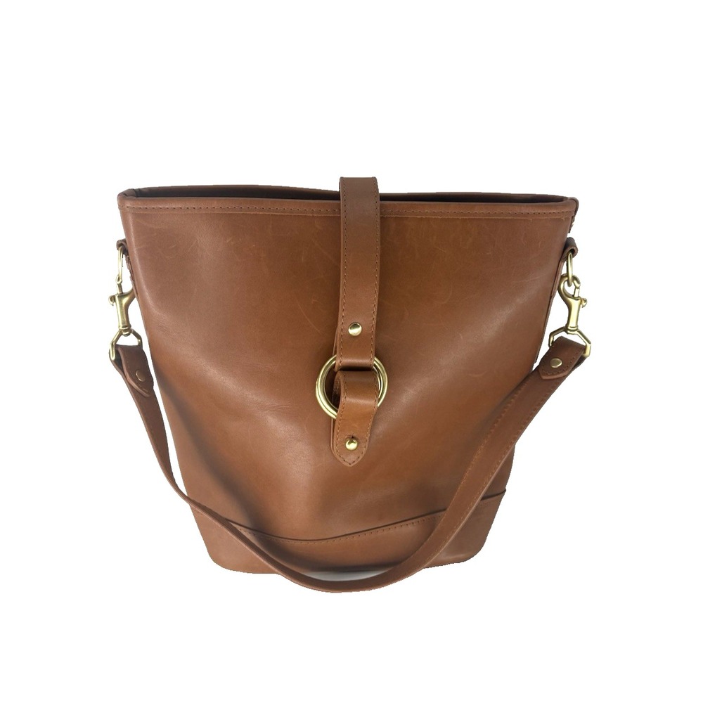 JW Hulme Co Belmont Avenue Tan Leather Feed Bag Tote Shoulder Bag Brass USA Made